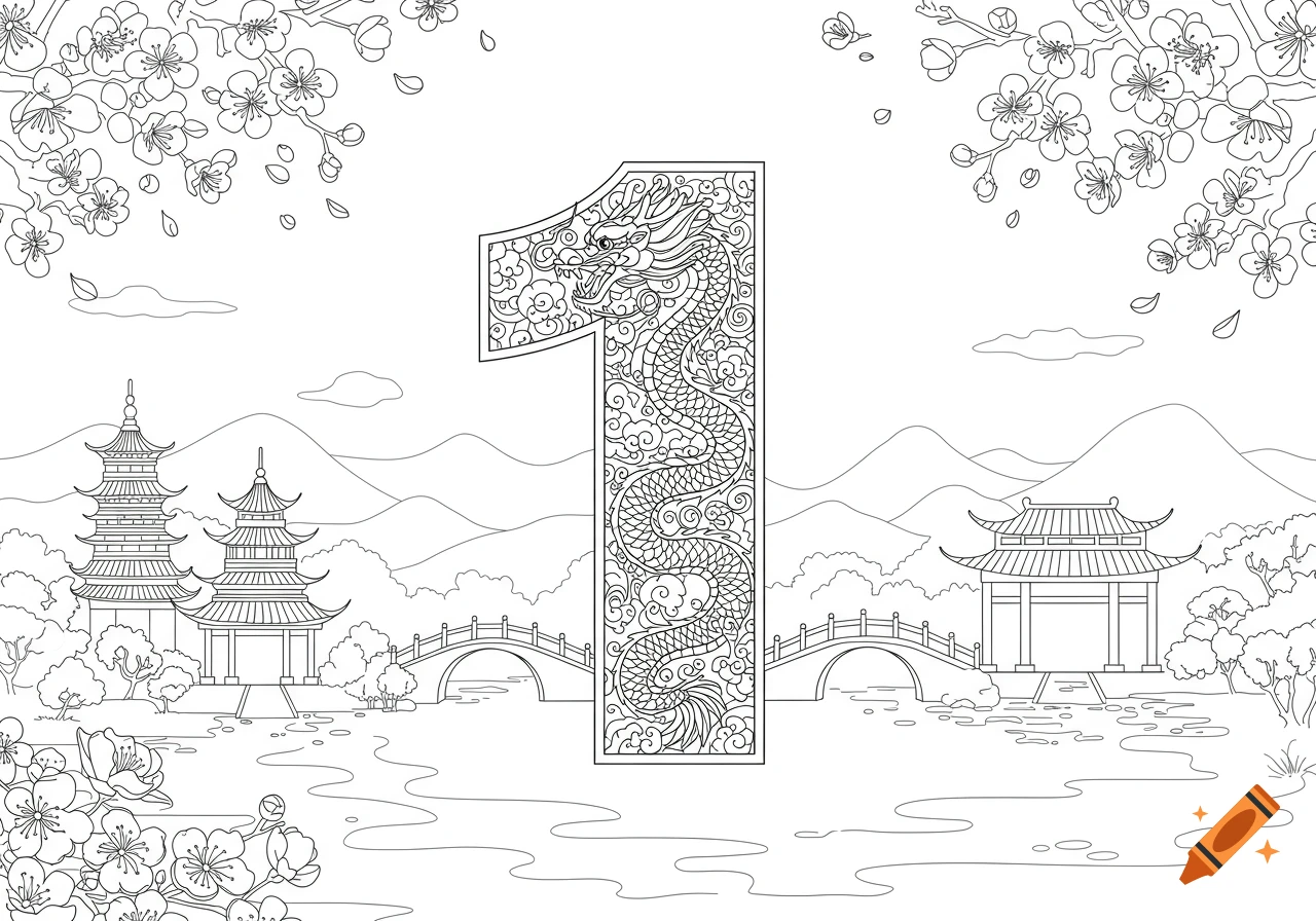 Black and white coloring page of numeral 1 with a dragon, surrounded by Chinese pagodas, bridges, and cherry blossoms.
