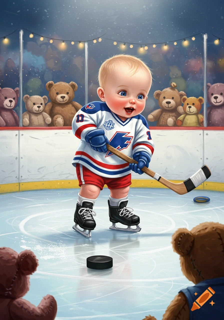 A cute cartoon baby in a hockey uniform and skates holds a stick on an ice rink, with teddy bears in the stands.