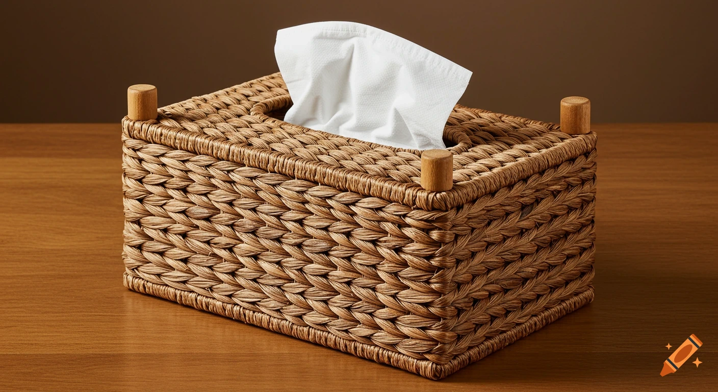 A rectangular tissue box made of woven water hyacinth, with exposed round wooden posts on the top corners, sits on a wooden surface.