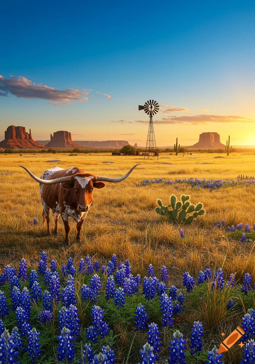 A longhorn stands in a field of bluebonnets and dry grass, with a windmill and mesas under a sunset sky.