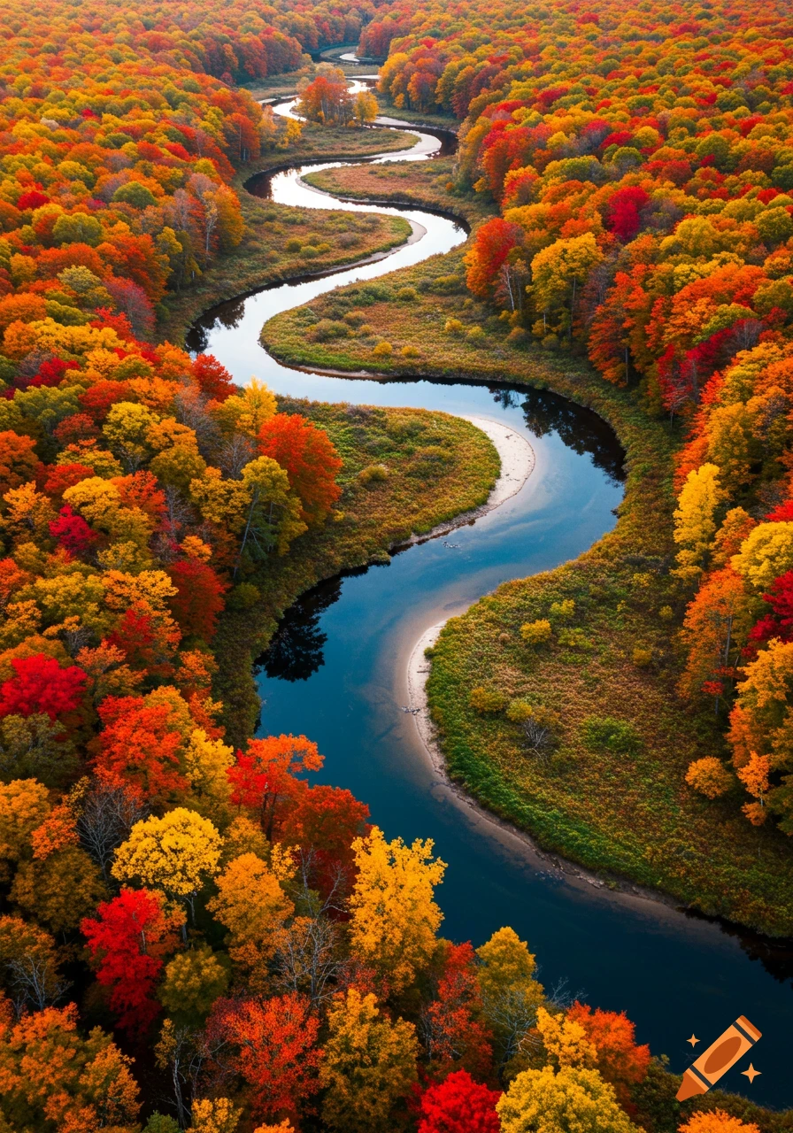 Aerial view of a winding river through a vibrant autumn forest.