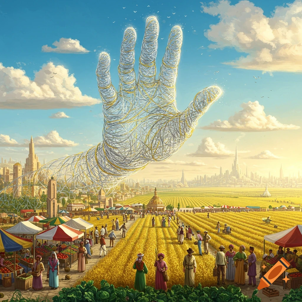 A colossal, glowing hand made of white and gold wires reaches over a bustling market, golden wheat fields, and a futuristic city under a bright sky.