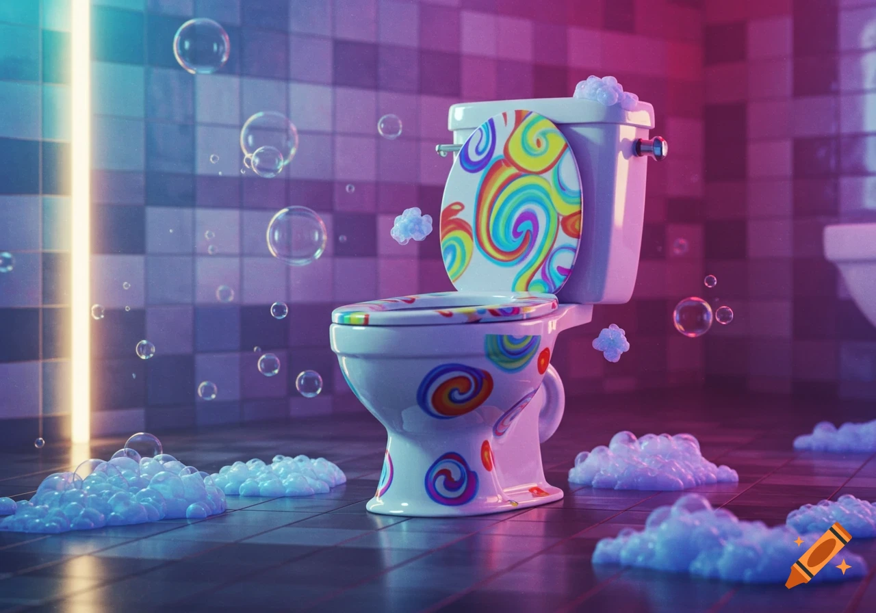 A vibrant, colorful toilet with rainbow swirl patterns in a purple and blue tiled bathroom, surrounded by bubbles and foam.