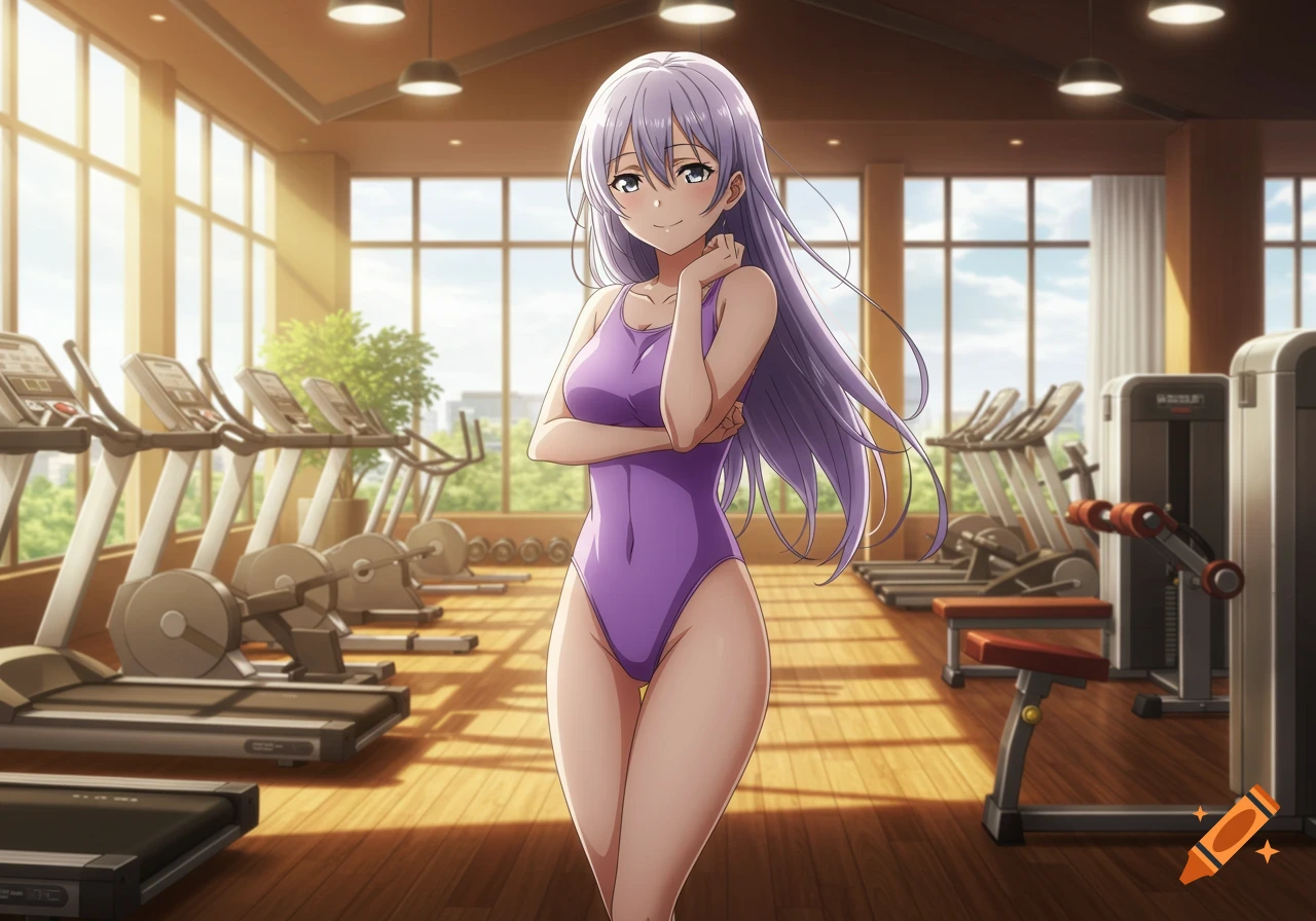 Anime girl with long lavender hair in a purple leotard smiling in a gym with treadmills.
