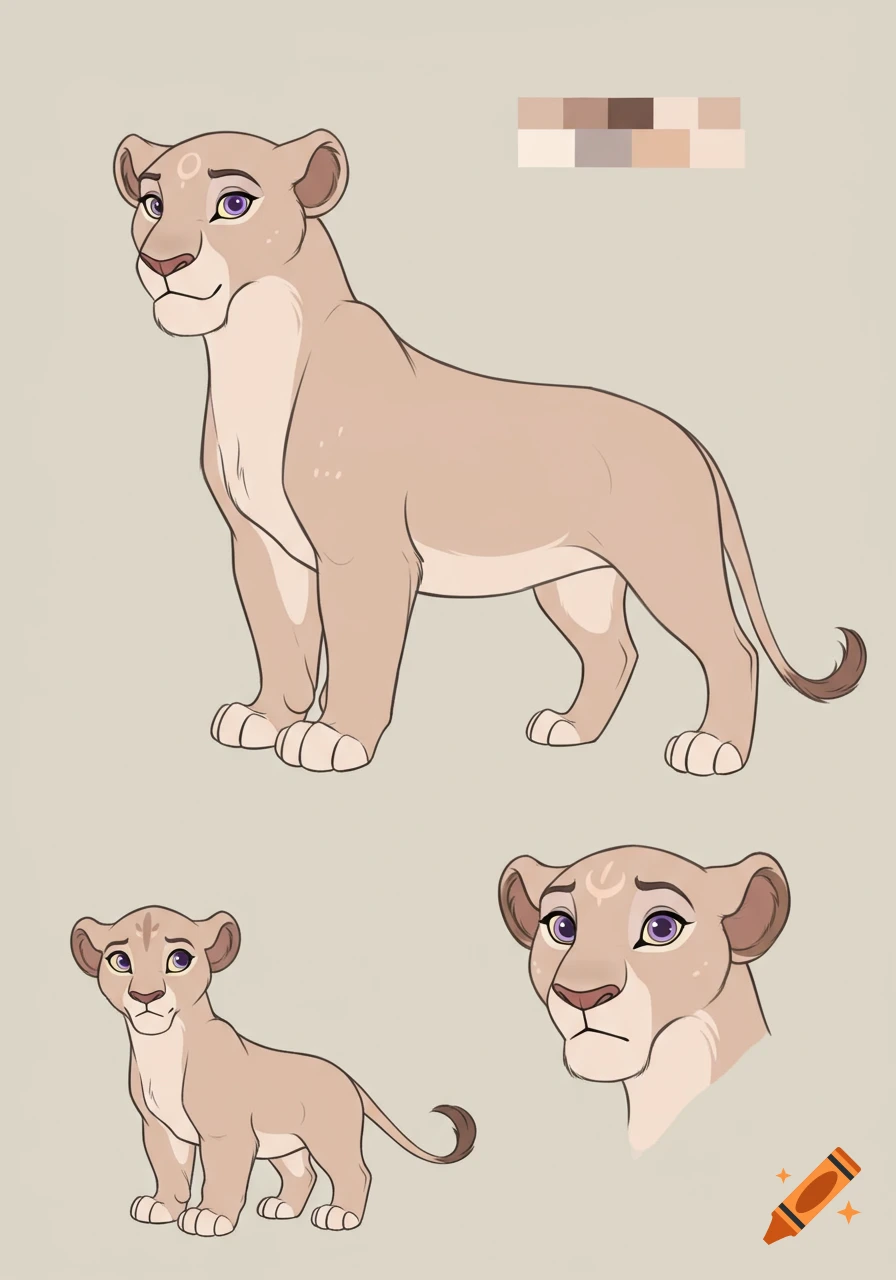 A character reference sheet in Disney's Lion King style, showing an adult lioness, a cub, and two headshots against a neutral background.