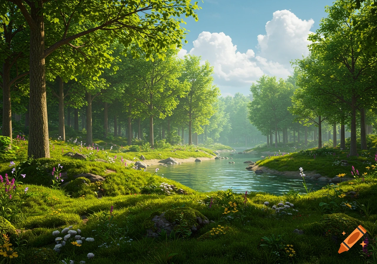 Lush, sunlit forest with a winding river, vibrant green grass, scattered wildflowers, and a bright blue sky with white clouds.