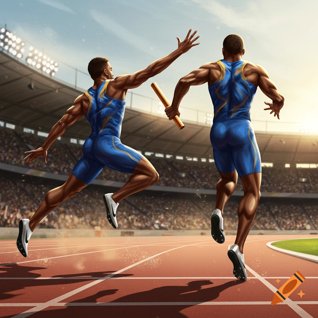 Two male athletes in blue uniforms perform a baton handoff during a relay race on a track in a stadium.