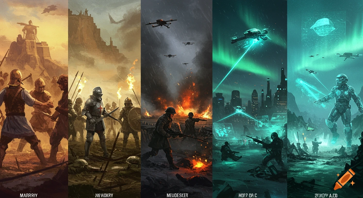 Five vertical panels depict the evolution of warfare from ancient times to 2100 AD. Scenes include medieval battles, WWI trench warfare, and futuristic urban combat with drones and armored soldiers, transitioning from warm to cool tones.