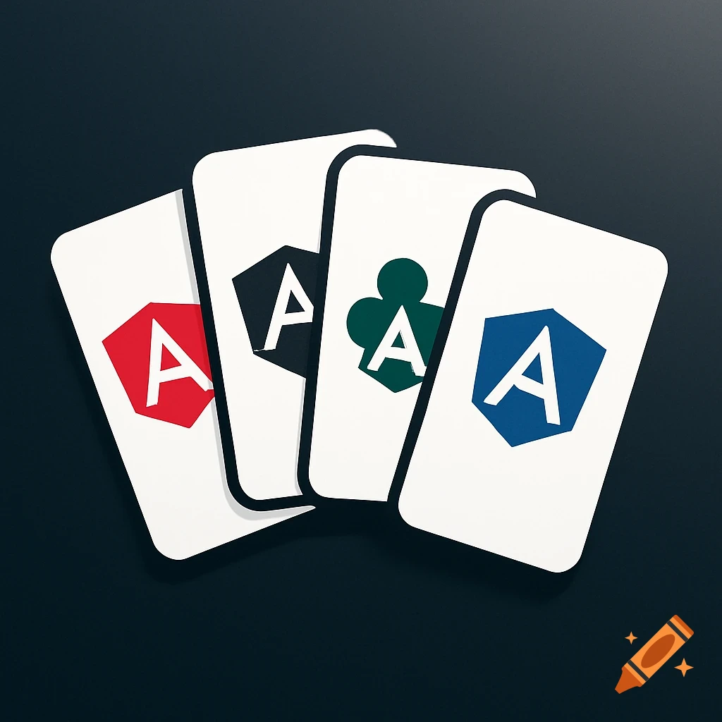 Four playing cards fanned out, each with a stylized 'A' Angular logo in red, black, green, and blue on white, against a dark background.