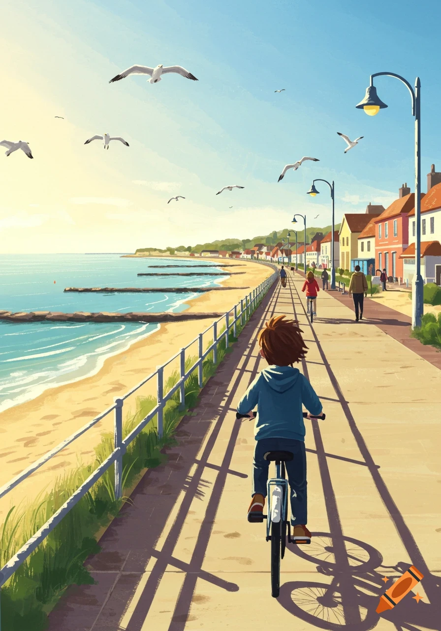 Illustrated scene of a child biking on a sunny seaside promenade, with a beach, sea, houses, and seagulls.