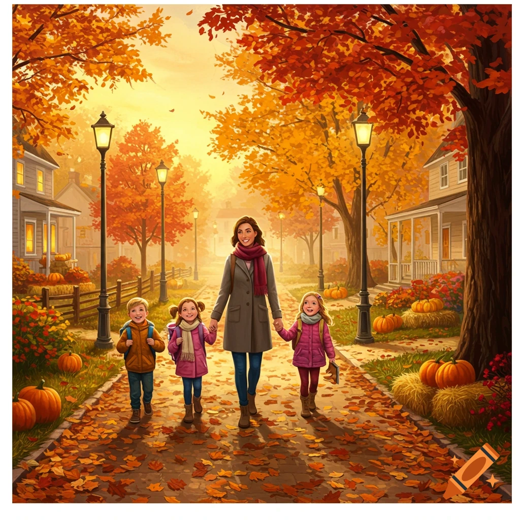 Digital painting of a mother and three children walking on a path covered in autumn leaves in a charming neighborhood.