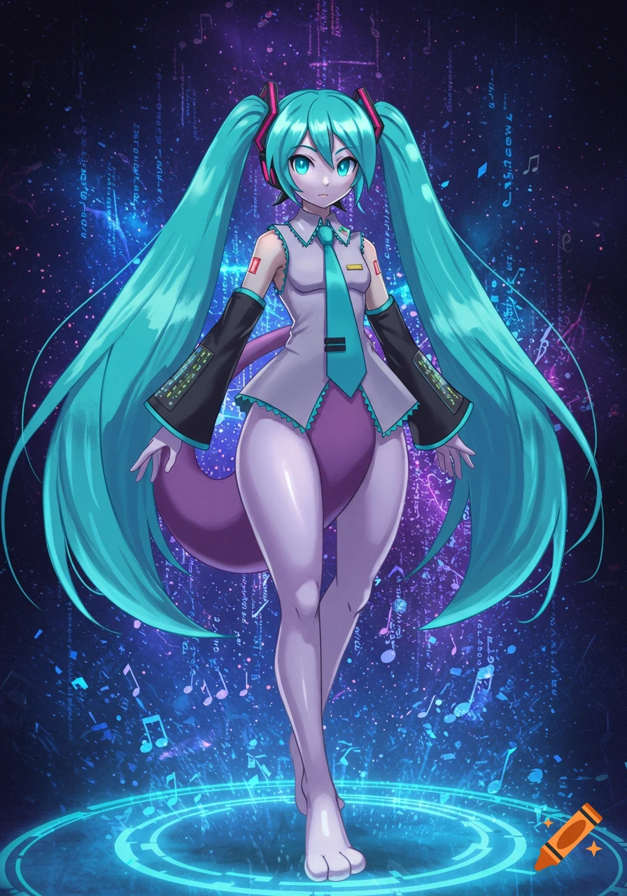 Anime illustration of Hatsune Miku with Mewtwo features, standing with long teal pigtails and light purple skin, against a dark background with glowing musical notes.