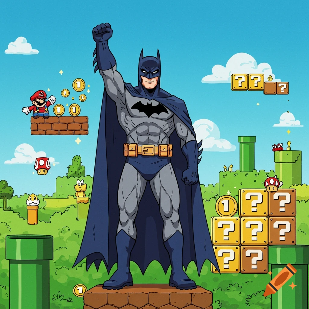 Cartoon Batman stands triumphantly in a Super Mario Bros. landscape with Mario, coins, and question mark blocks.