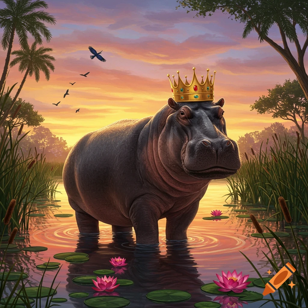 A large hippo wearing a golden crown stands in shallow water with pink lily pads at sunset. Birds fly in the orange sky.