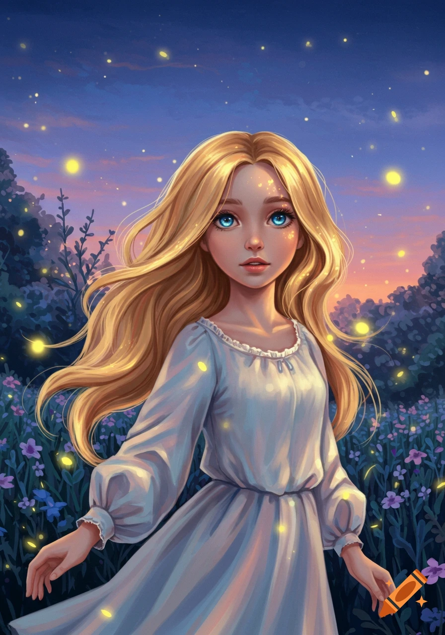 An ethereal illustration of a blonde girl with blue eyes in a white dress, standing in a magical field of flowers with fireflies at dusk.