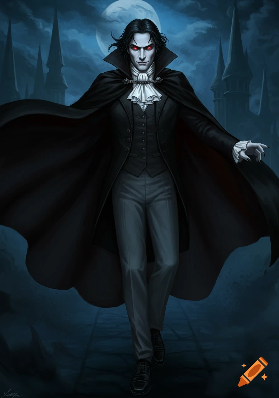 A full-body illustration of a pale vampire with black hair and glowing red eyes, wearing a black cape, white jabot, dark suit, and light gray pants, against a moonlit castle backdrop.