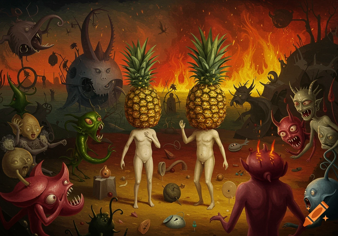 A surreal painting in Hieronymus Bosch style depicts two nude figures with pineapple heads surrounded by grotesque demons in a hellish landscape with fire.