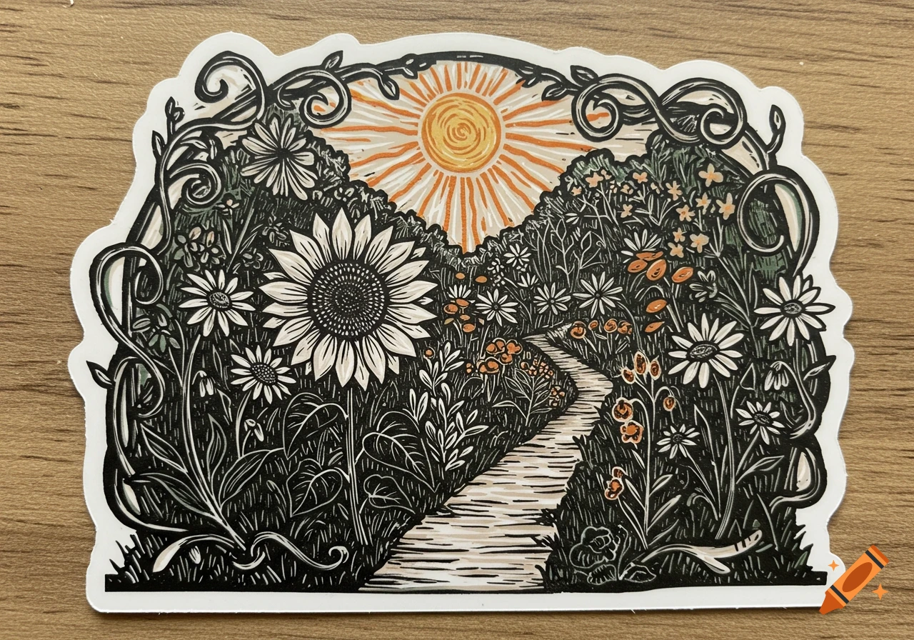A linocut style sticker depicting a winding path through a vibrant field of flowers, including a large sunflower, under a radiating sun.