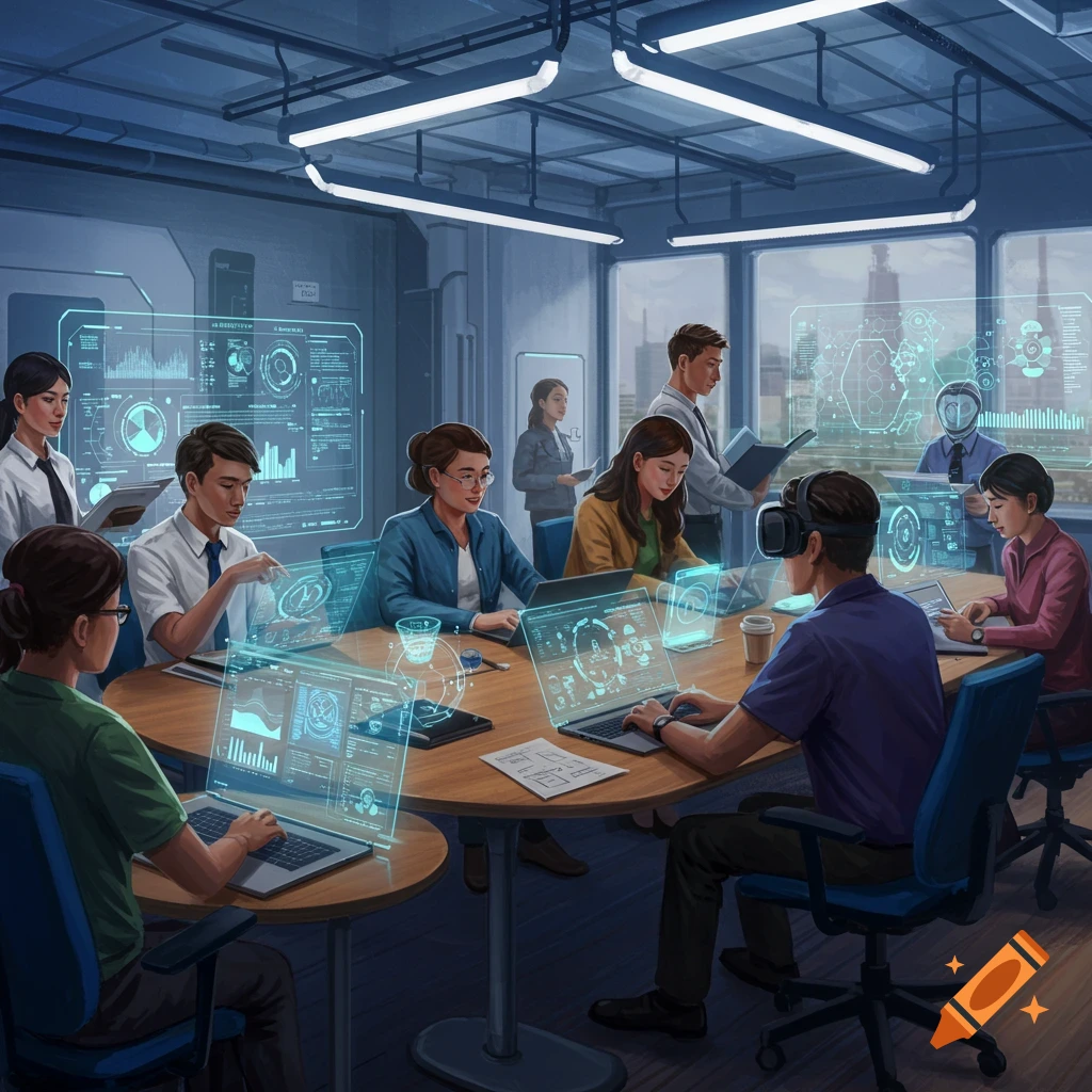 A group of professionals in a futuristic meeting room collaborating with holographic displays, laptops, and a VR headset.