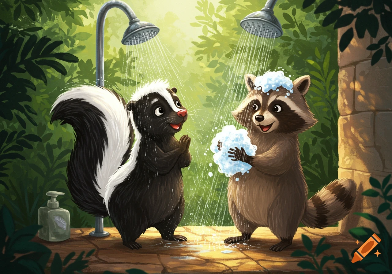 A playful cartoon skunk and raccoon happily showering together outdoors amidst lush greenery.