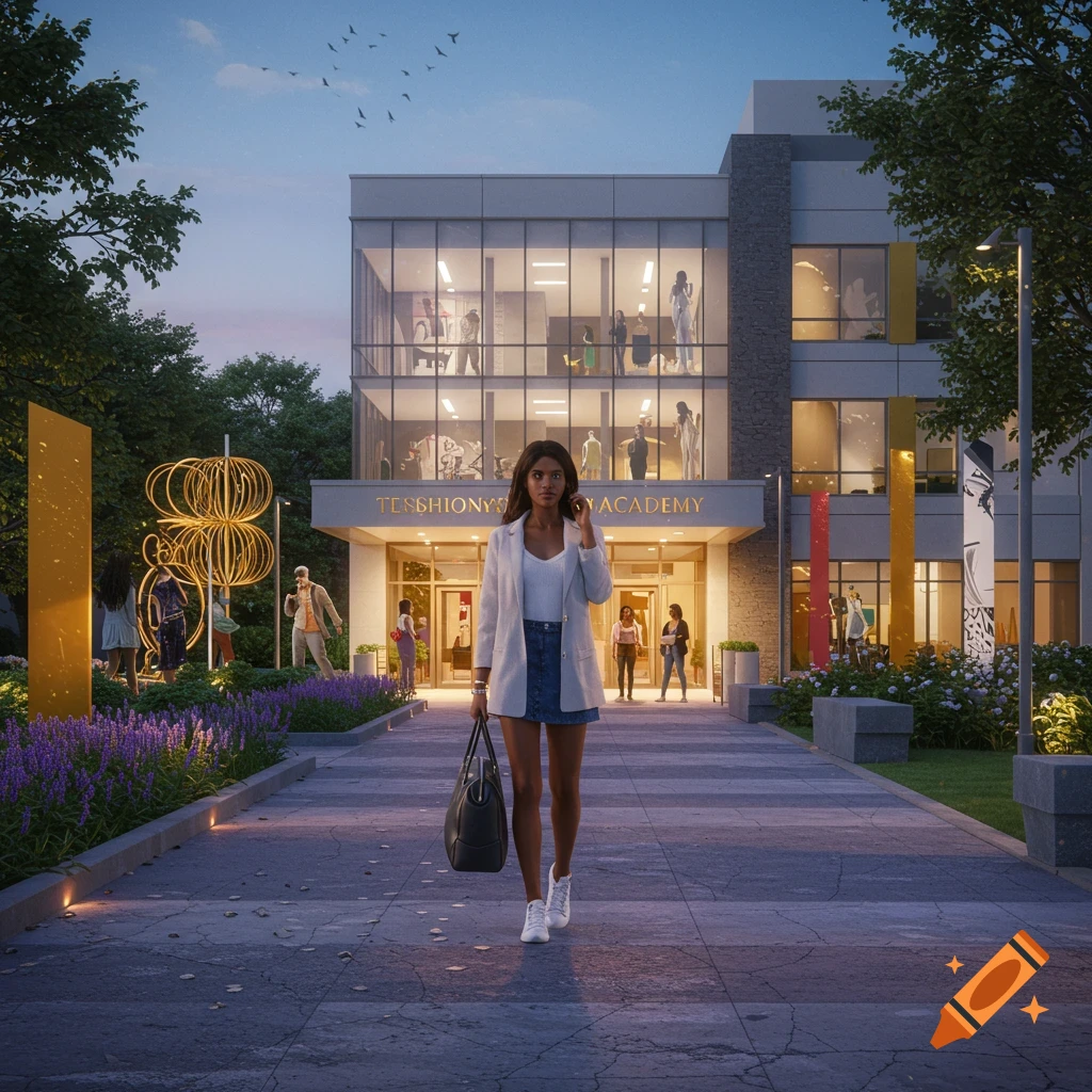 A woman walks down a path towards a modern building at dusk, with people visible inside and outside the building. The building has "TENSHIONYS ACADEMY" written above its entrance.