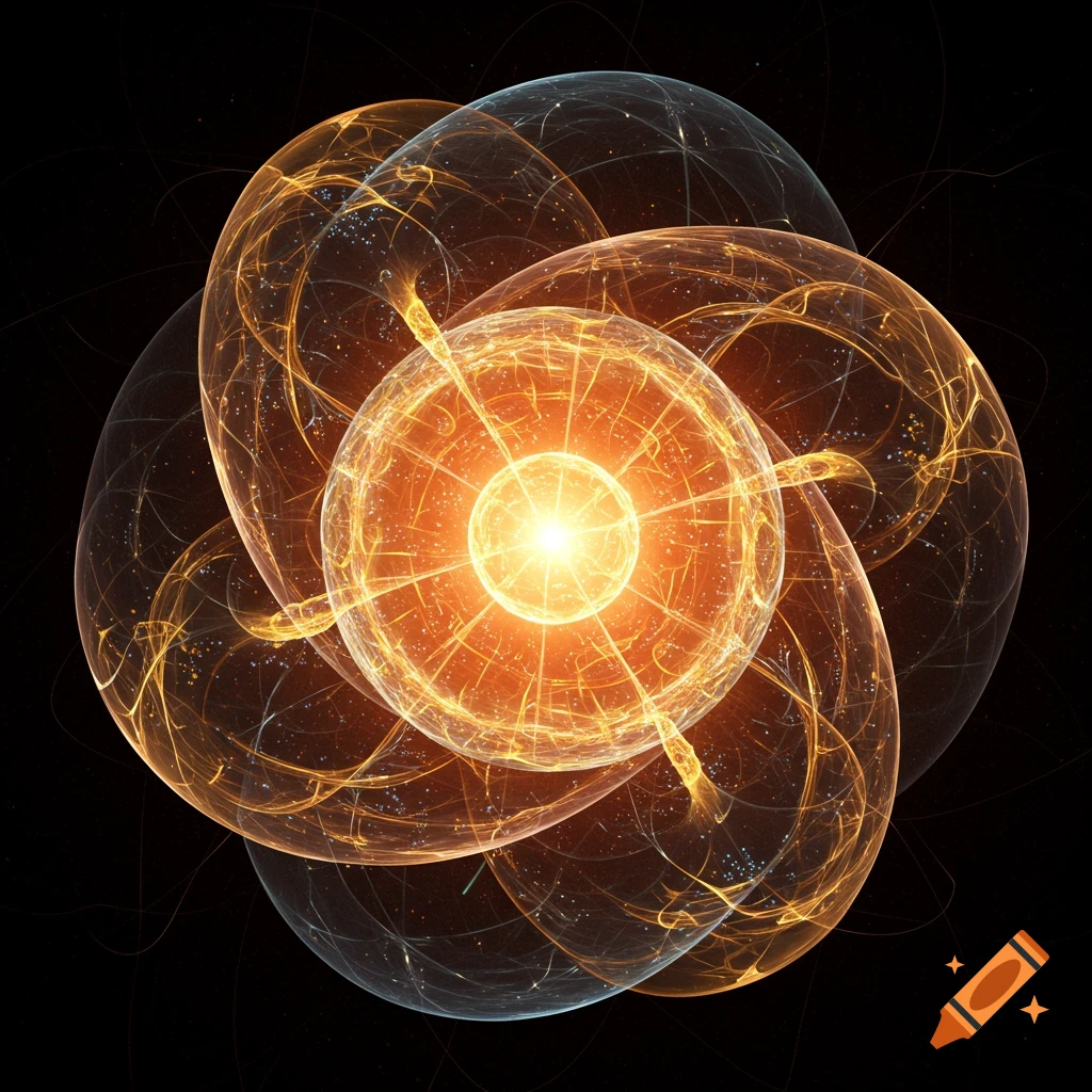 A glowing orange sphere at the center of multiple transparent, interconnected spheres with radiating golden light against a black background.