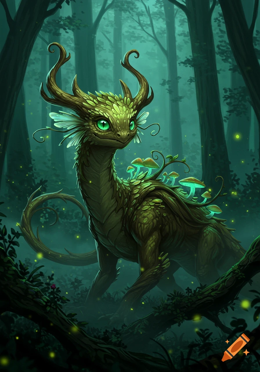 A whimsical green forest creature with glowing eyes, antlers, and bioluminescent mushrooms on its back, stands in a dark, mystical forest.