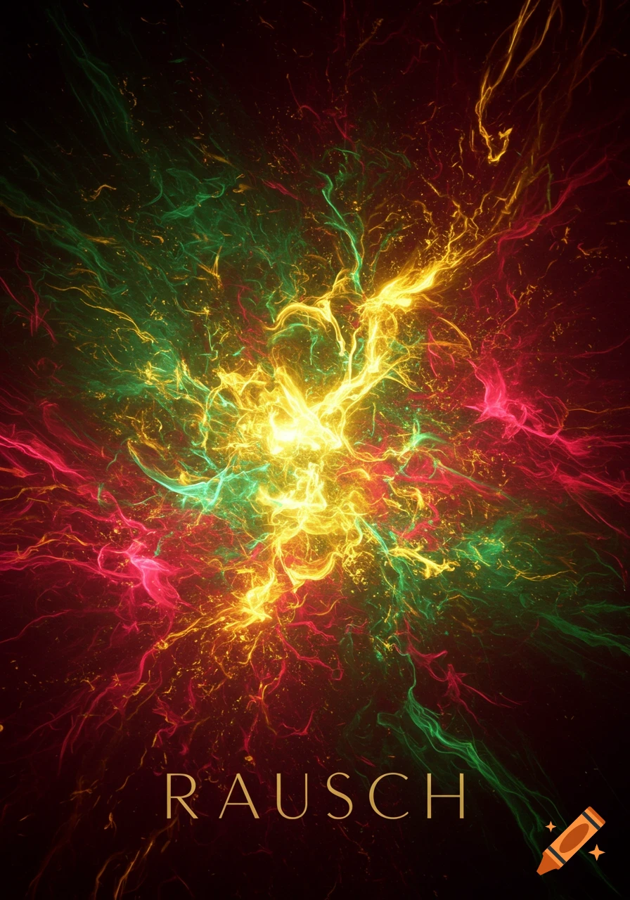 Abstract art with glowing red, green, and gold lines radiating from a bright center, with 'RAUSCH' at the bottom.