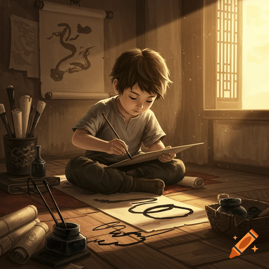 A young boy sits on a wooden floor, painting calligraphic strokes with an ink brush on paper in a traditional room.