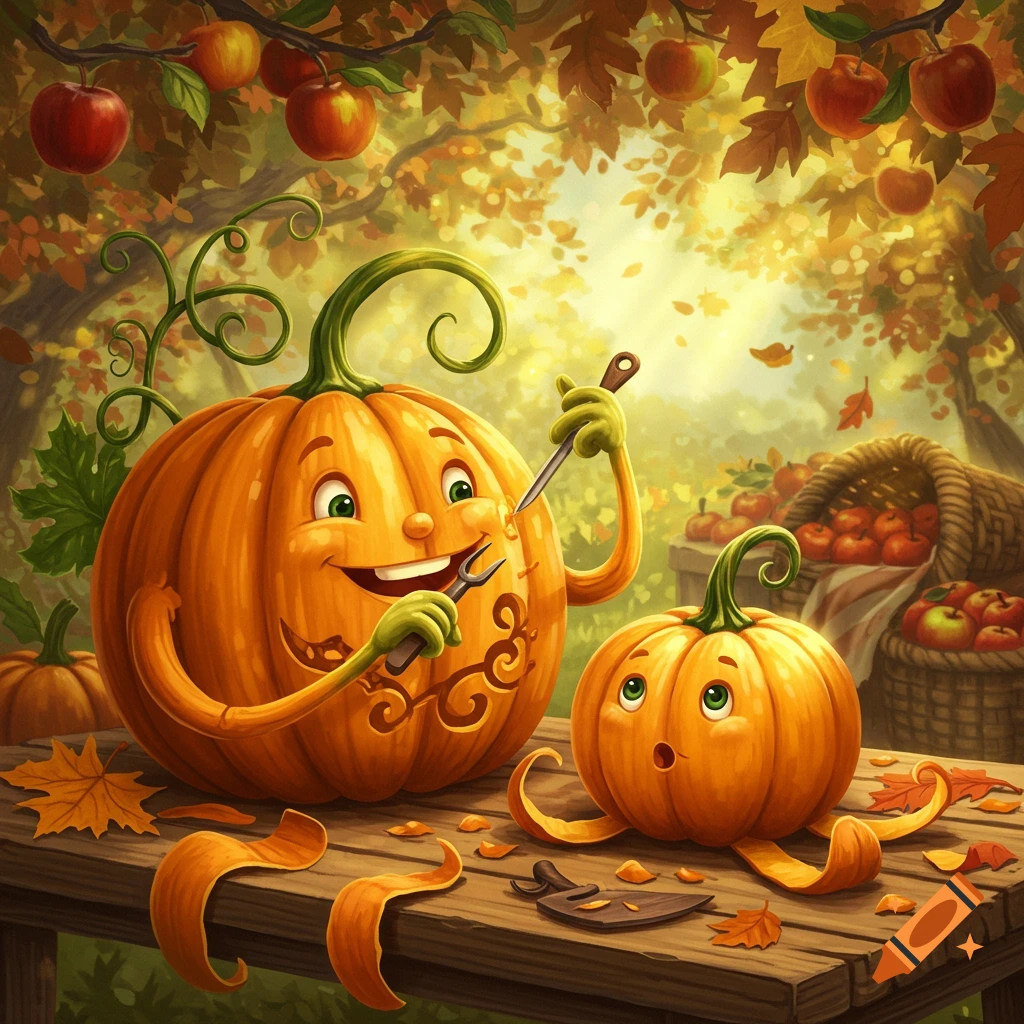 A happy cartoon pumpkin carves itself with a knife and fork, as a surprised smaller pumpkin watches on a wooden table with fall leaves and apples.