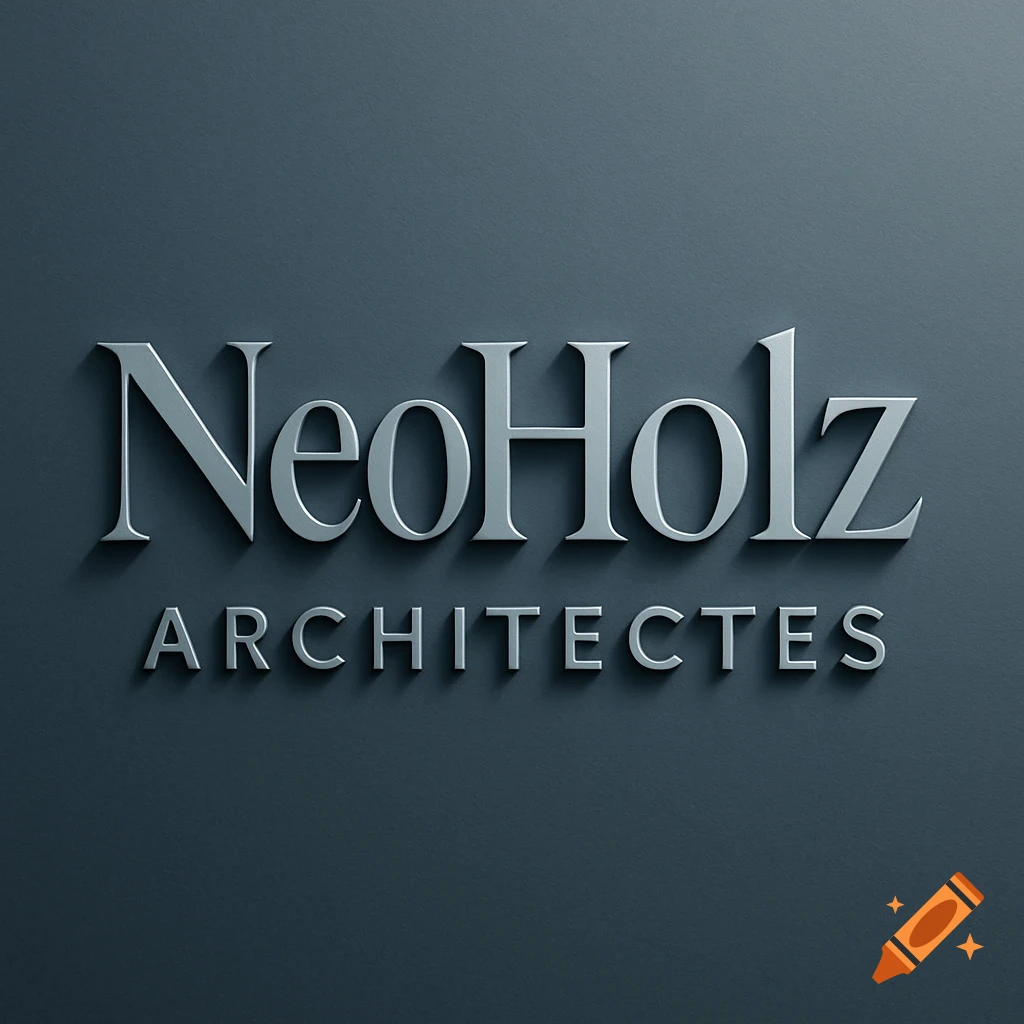 3D silver embossed text 'NeoHolz ARCHITECTES' on a dark gray textured background.