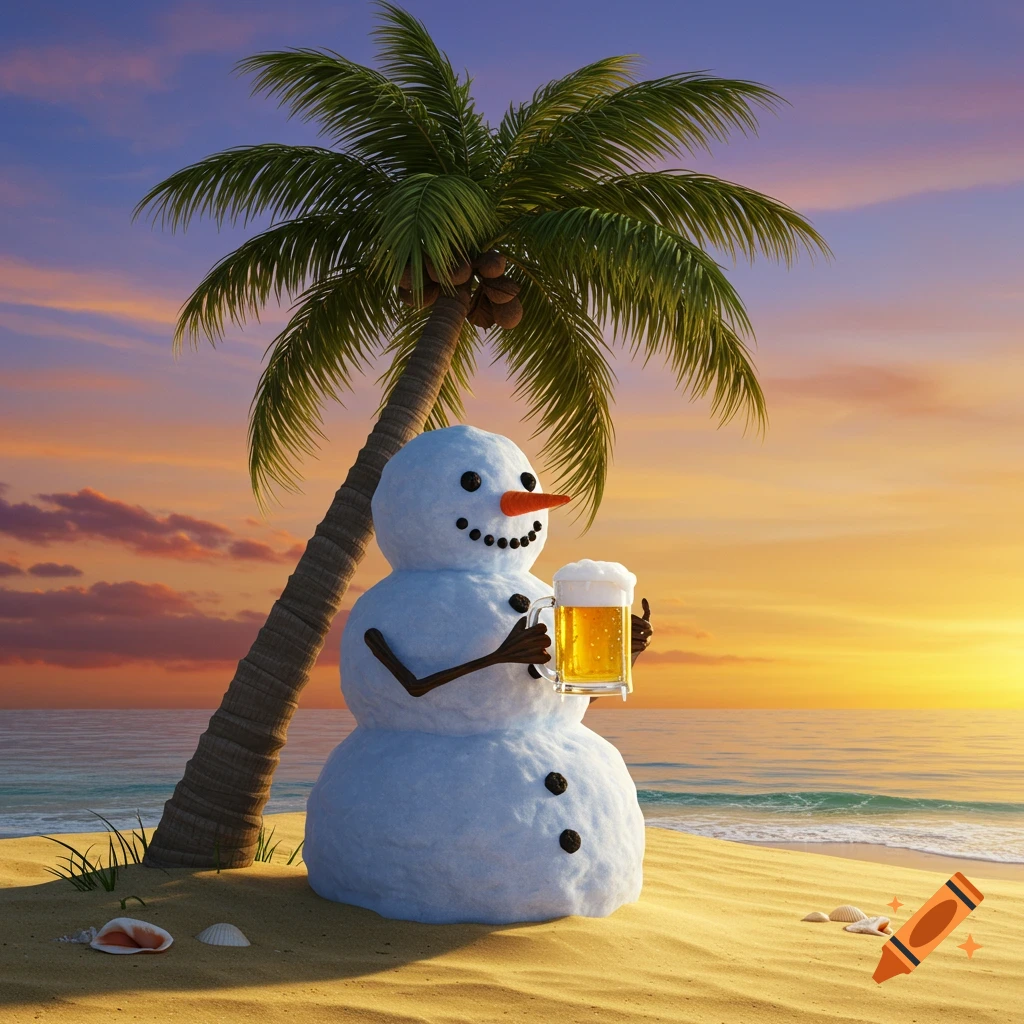 A whimsical snowman with branch arms sips a beer on a tropical beach under a palm tree at sunset.