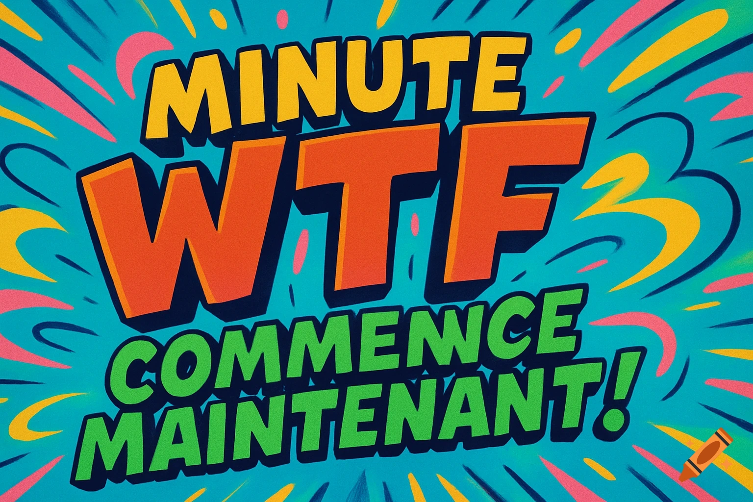 Bold, colorful cartoon text reads 'MINUTE WTF COMMENCE MAINTENANT!' on a vibrant blue background with energetic bursts.