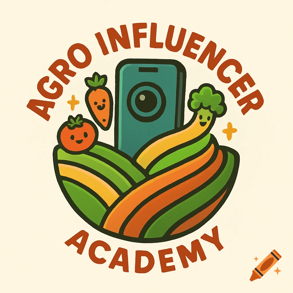 Cartoon logo for Agro Influencer Academy with a smartphone and smiling vegetables on rolling hills.