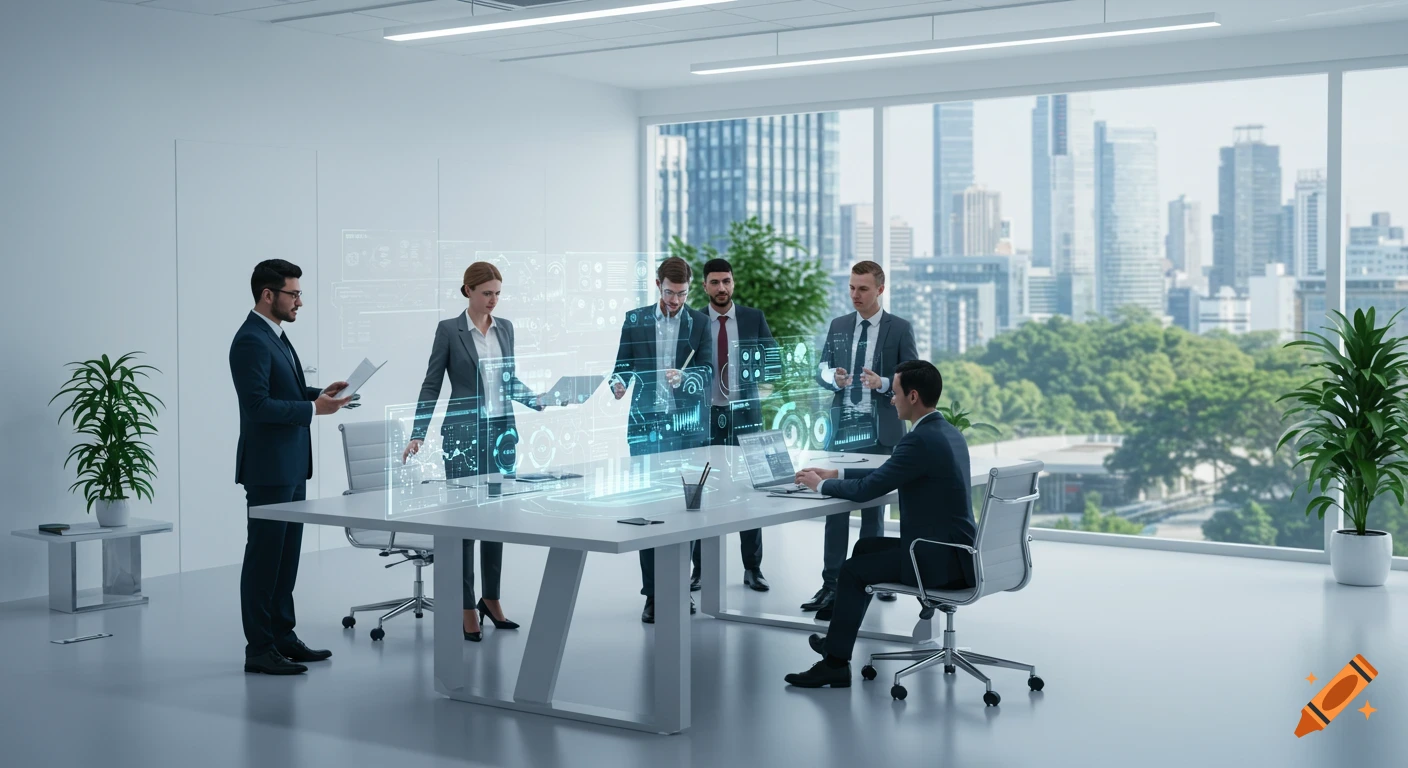 Business professionals in a modern office interacting with holographic data displays, cityscape visible through window. Photorealistic.