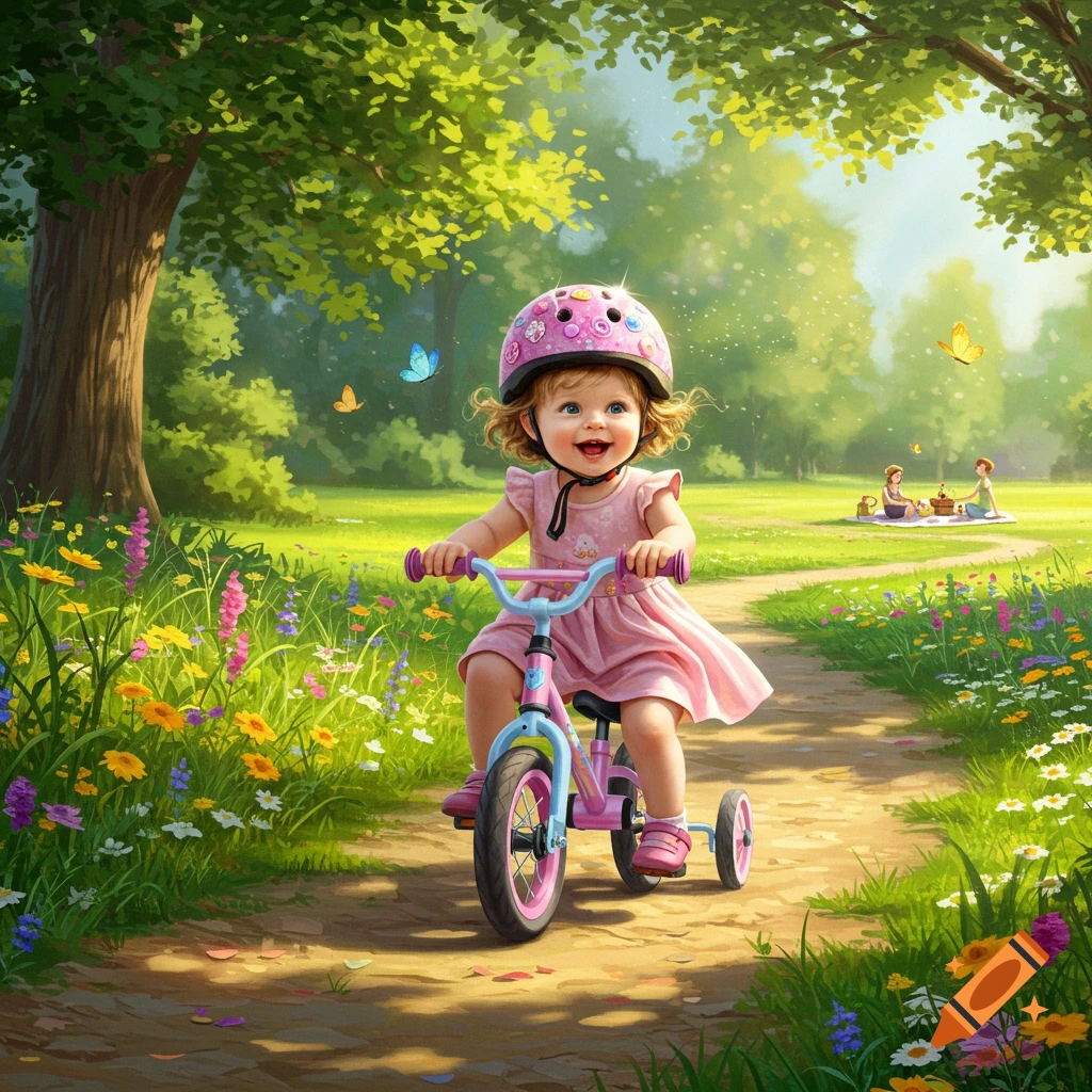 Happy baby girl in a pink dress and helmet rides a pink tricycle on a sunny park path with wildflowers. Stylized illustration.