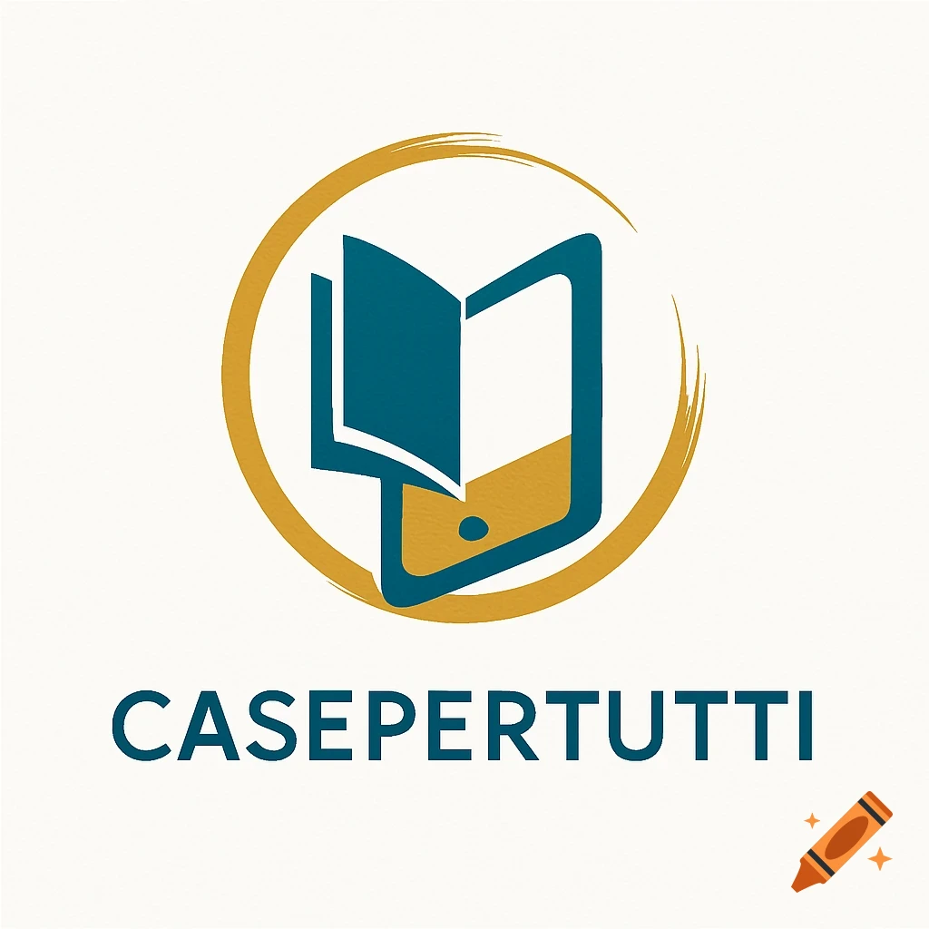 A logo features a teal open book and a gold smartphone icon within a golden brushstroke circle, with the text CASEPERTUTTI below.