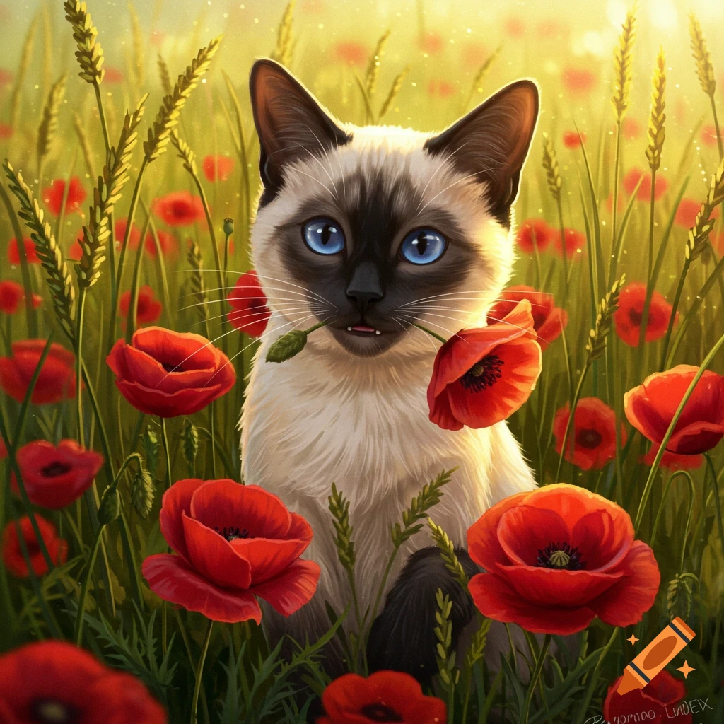 A cute Siamese cat with blue eyes sits among red poppies in a sunlit field, holding a poppy stem in its mouth.