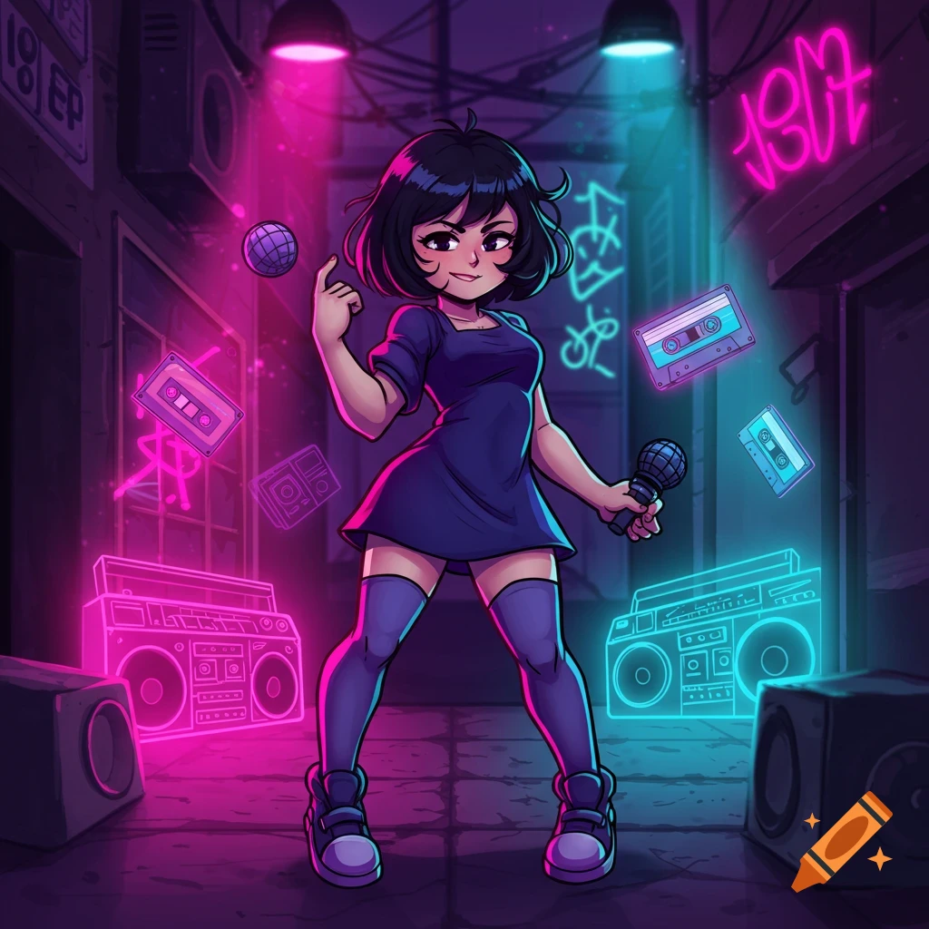 A stylized character with short dark hair, wearing a purple dress and thigh-high socks, holding a microphone in a neon-lit alley with boomboxes and cassette tapes. The art style is vibrant and cartoonish.
