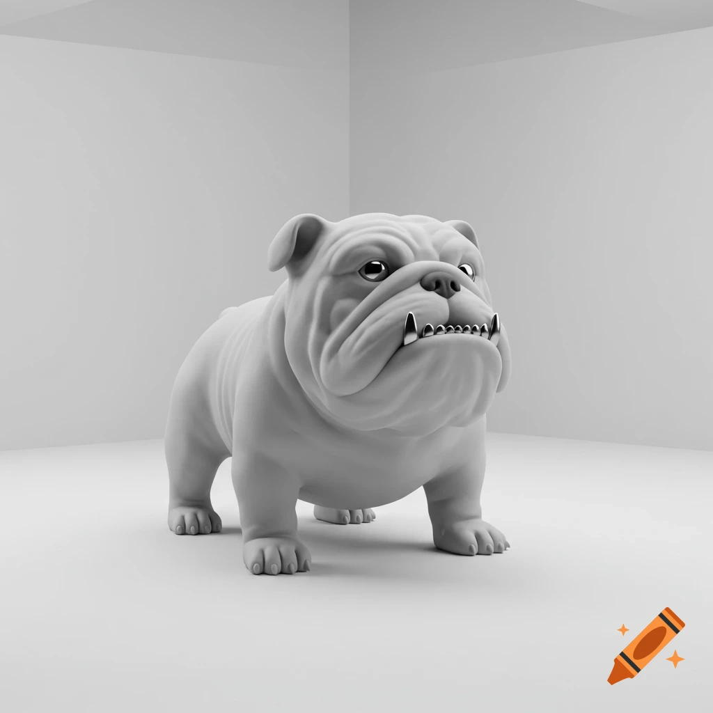 A monochromatic 3D render of a bulldog with wrinkles and prominent metal teeth, standing in a stark white room.