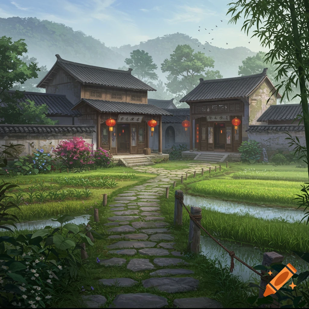 A traditional Chinese courtyard home with dark-tiled roofs, red lanterns, a stone path, and an agricultural field with a small canal under a hazy sky.