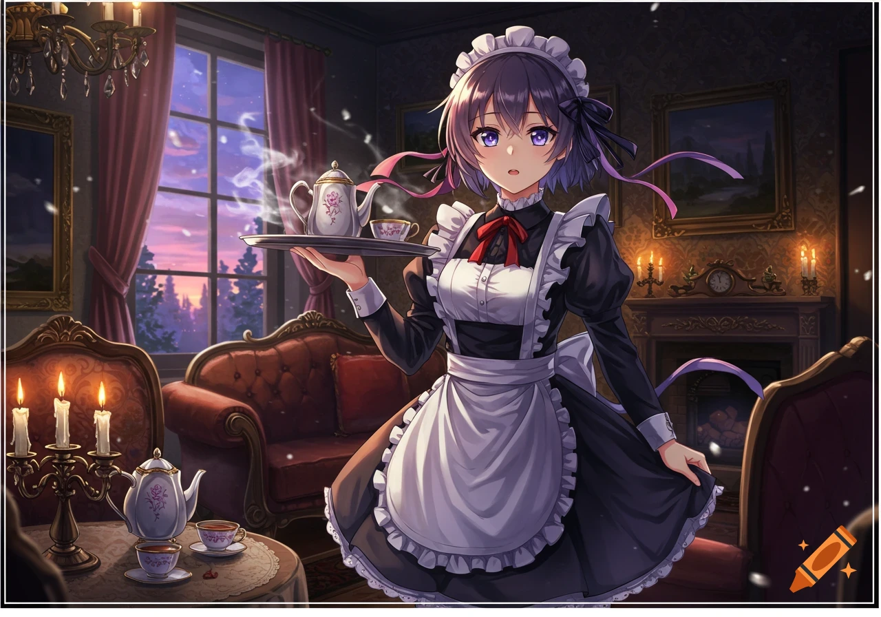 An anime maid with purple hair holds a tray with a teapot and cup in a richly furnished room at sunset.