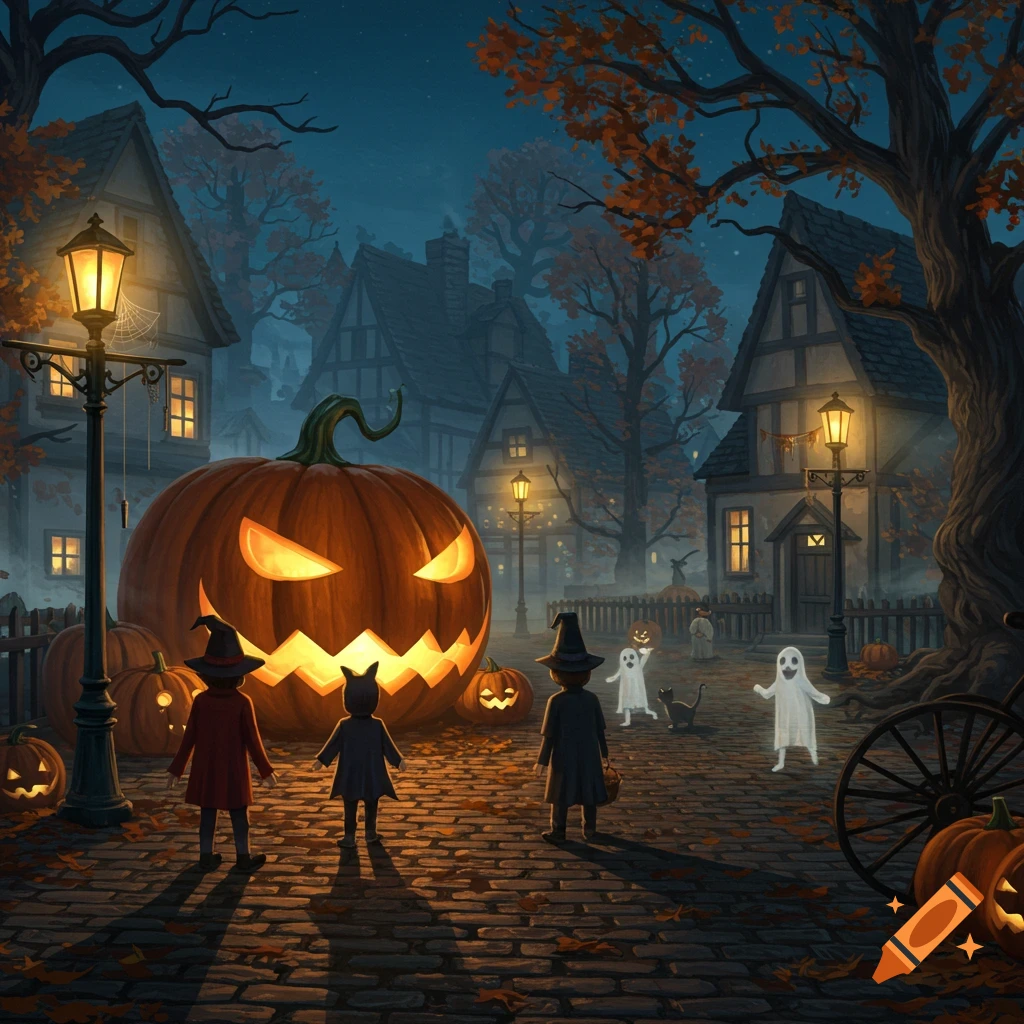 A whimsical Halloween night scene with children in costumes standing before a giant glowing jack-o'-lantern in a cobblestone village street, with ghosts and a black cat.
