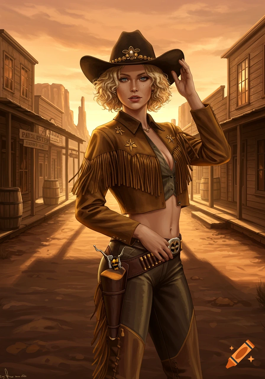 A blonde woman dressed as a cowgirl, wearing a fringed jacket and hat, stands on a dusty street in a wild west town at sunset.