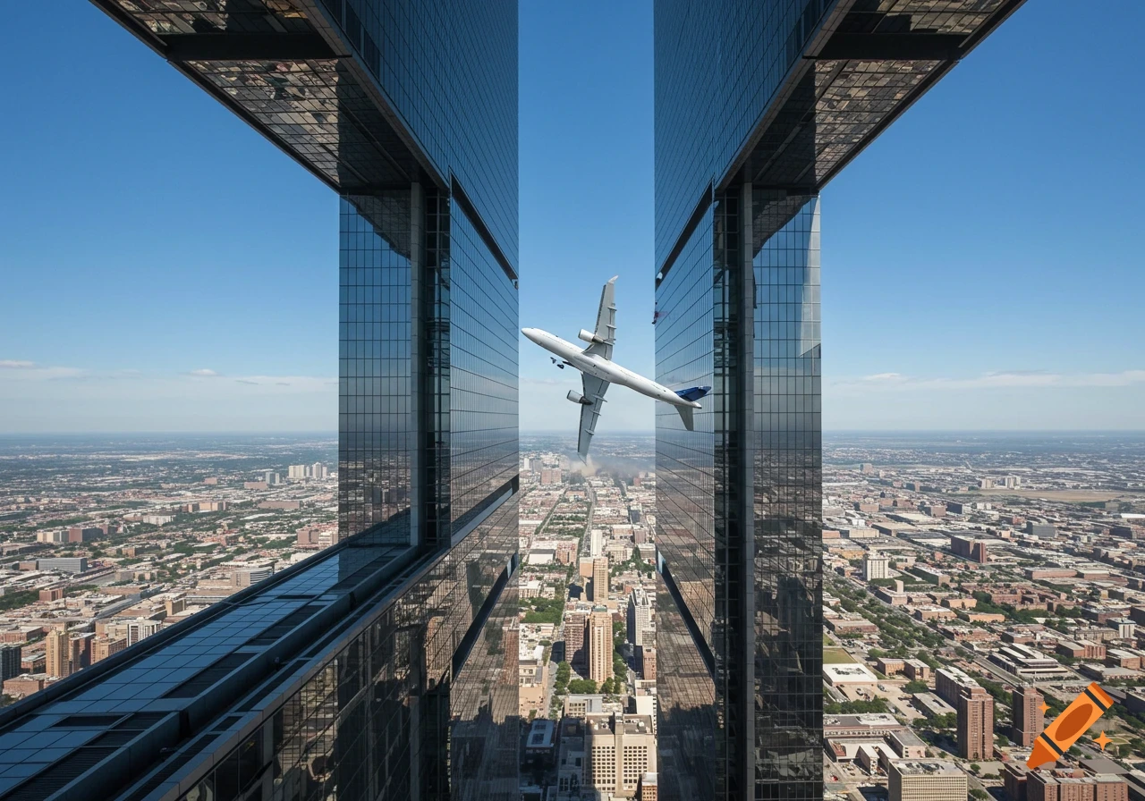 A passenger plane flies precariously between two towering, identical glass skyscrapers above a sprawling city.