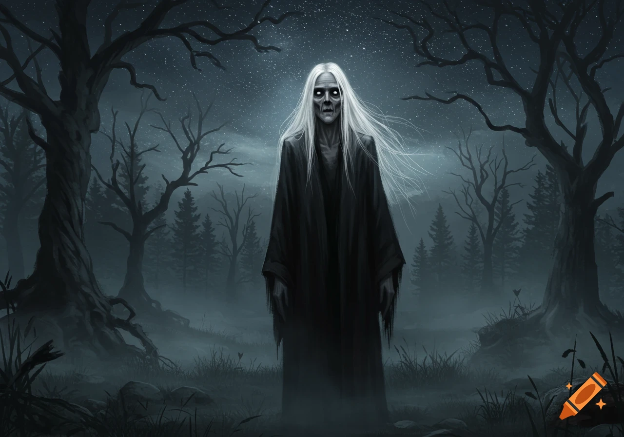 A creepy, gaunt old man with long white hair and glowing white eyes stands in a misty, dark forest at night under a starry sky.