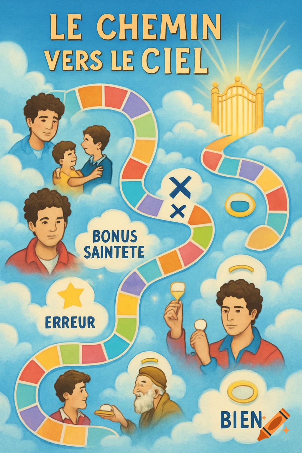 Colorful illustrated board game 'Le Chemin Vers Le Ciel' depicting a path to heaven with figures and clouds.