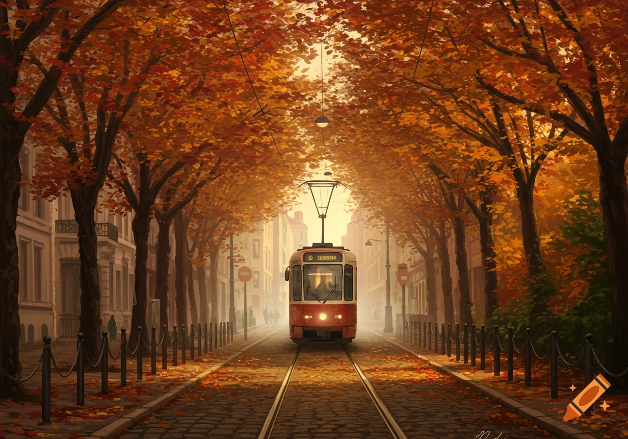 A red and white tram travels down a city street lined with bright orange and yellow autumn trees, under a warm, hazy sky in an illustration style.