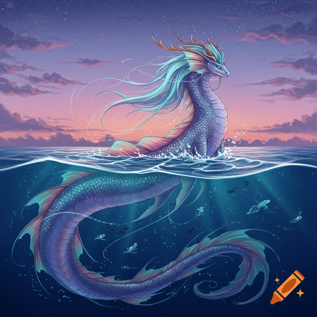 A vibrant, majestic sea dragon with flowing fins emerges from the ocean at sunset, its long body visible underwater.