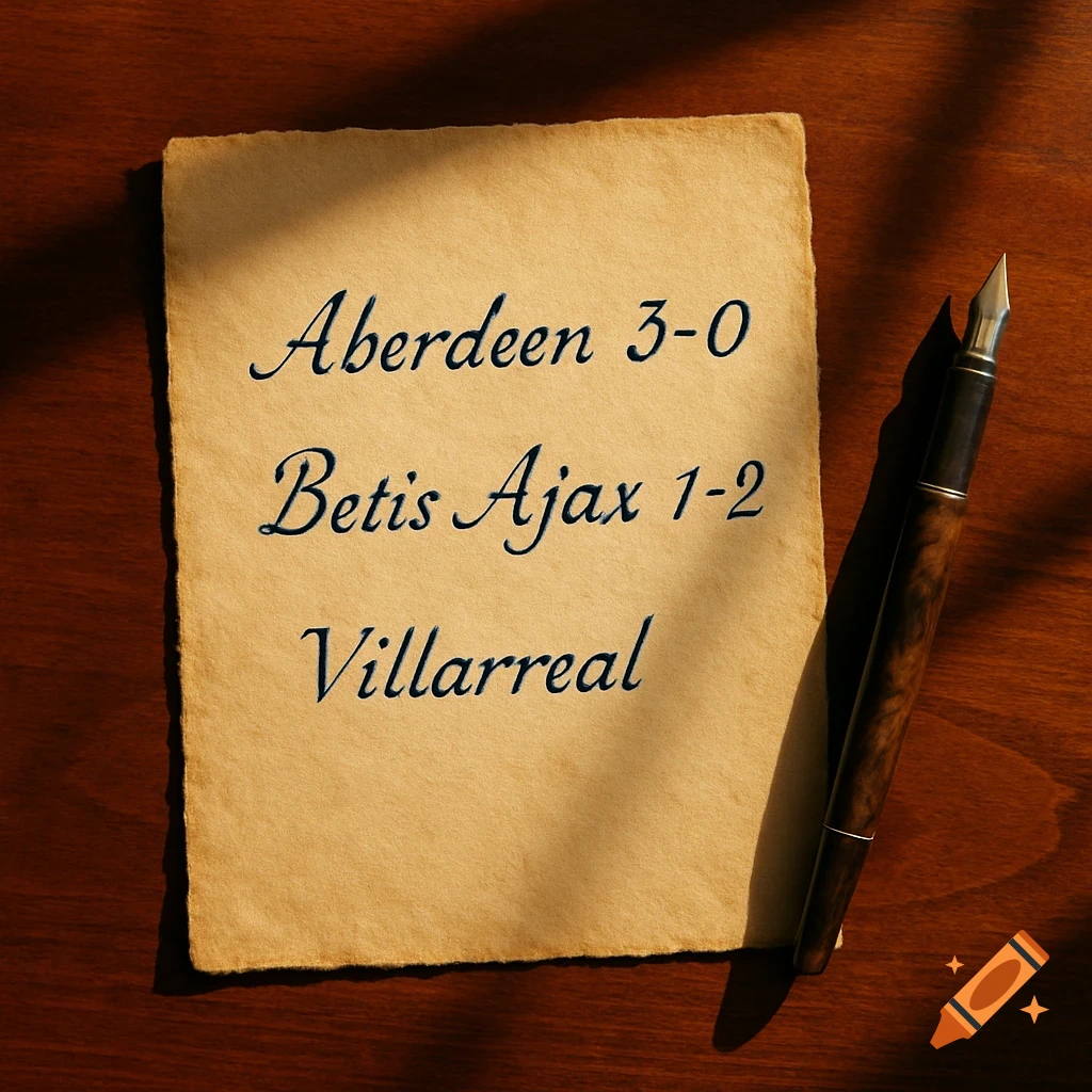A photorealistic top-down view of an old piece of paper with handwritten sports scores next to a fountain pen on a wooden desk.